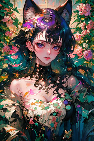 1girl, solo, long hair, breasts, looking at viewer, blush, bangs, large breasts, black hair, long sleeves, dress, animal ears, cleavage, bare shoulders, purple eyes, collarbone, upper body, flower, frills, parted lips, cat ears, off shoulder, mole, black dress, animal ear fluff, strapless, detached collar, strapless dress, off-shoulder dress