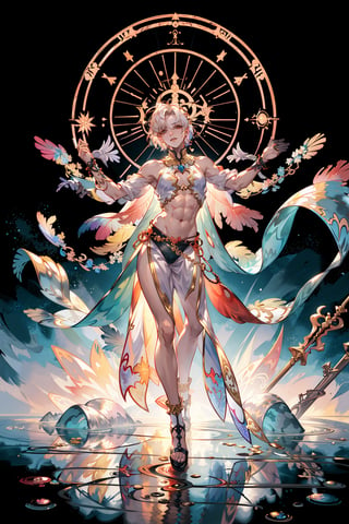 8k, (absurdres, highres, ultra detailed), (1boy:1.3),adult, finely detailed eyes and detailed face, male fashion make up chart:0.5, Stark contrast, light lip, eyeshadow, fashion, abs, body paint, model_pose, wide shot, solo,the fool \tarot\, bard, clown, Symbolism, Visual art, Occult, Universal, Vision casting, Philosophical, Iconography, Numerology, Popularity, Artistic, Alfons Mucha, huge magic circle, attack magic:1.5, Vivid Watercolor Artist, Rainbow watercolors, Flowing colors, Soft washes, Blended hues, Delicate translucency, weapon, 