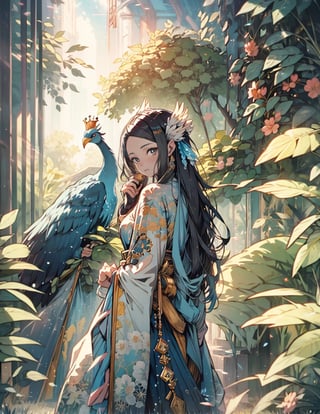 a close up of a woman with red hair and a feather clown, anime fantasy artwork, anime fantasy illustration, fantasy gorgeous lighting, beautiful fantasy portrait, side portrait of elven royalty, wlop painting style, beautiful fantasy art portrait, colored manga art, realistic anime style at pixiv, crystalline translucent hair, onmyoji detailed art, with peacock, cute looking at me,Niji Slime,huayu