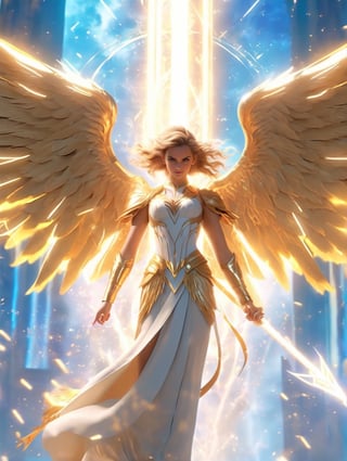 an image of an angel in the sky, unreal engine render + a goddess, taylor swift as a heavenly angel, unreal engine render saint seiya, goddess of light, elven angel meditating in space, infinite angelic wings, tron angel, wings made of light, angelic wings on her back, square enix cinematic art, tall female angel, emma watson as an angelwith thop thunderbolt hammer, lightning ⚡ hammer,  red 