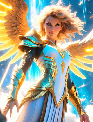 an image of an angel in the sky, unreal engine render + a goddess, taylor swift as a heavenly angel, unreal engine render saint seiya, goddess of light, elven angel meditating in space, infinite angelic wings, tron angel, wings made of light, angelic wings on her back, square enix cinematic art, tall female angel, emma watson as an angel,Kratos 