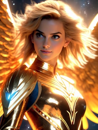 an image of an angel in the sky, unreal engine render + a goddess, taylor swift as a heavenly angel, unreal engine render saint seiya, goddess of light, elven angel meditating in space, infinite angelic wings, tron angel, wings made of light, angelic wings on her back, square enix cinematic art, tall female angel, emma watson as an angelwith thop thunderbolt hammer, lightning ⚡ hammer,  red 