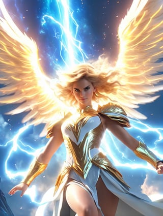 an image of an angel in the sky, unreal engine render + a goddess, taylor swift as a heavenly angel, unreal engine render saint seiya, goddess of light, elven angel meditating in space, infinite angelic wings, tron angel, wings made of light, angelic wings on her back, square enix cinematic art, tall female angel, emma watson as an angelwith thop thunderbolt hammer, lightning ⚡ hammer,