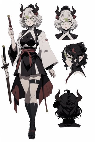 beautiful, masterpiece, best quality, extremely detailed face, short hair, demon slayer, brown skin, black headband, chest exposed, demon slayer uniform, kimetsu no yaiba ,white hair, wand, (CharacterSheet:1), (multiple views, full body, upper body, reference sheet:1), back view, front view, (white background, simple background:1.2), large breasts, sexy pose, seductive smile,Mitsuri Kanroji