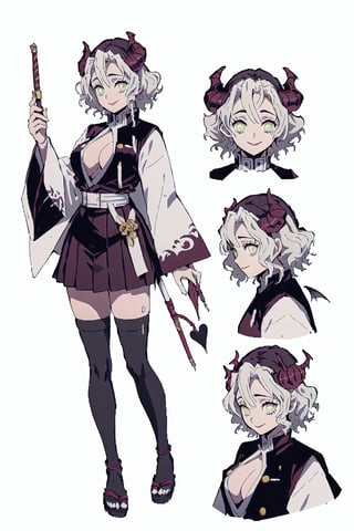 beautiful, masterpiece, best quality, extremely detailed face, short hair, demon slayer, brown skin, black headband, chest exposed, demon slayer uniform, kimetsu no yaiba ,white hair, wand, (CharacterSheet:1), (multiple views, full body, upper body, reference sheet:1), back view, front view, (white background, simple background:1.2), large breasts, sexy pose, seductive smile,Mitsuri Kanroji