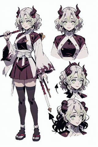 beautiful, masterpiece, best quality, extremely detailed face, short hair, demon slayer, brown skin, black headband, chest exposed, demon slayer uniform, kimetsu no yaiba ,white hair, wand, (CharacterSheet:1), (multiple views, full body, upper body, reference sheet:1), back view, front view, (white background, simple background:1.2), large breasts, sexy pose, seductive smile,Mitsuri Kanroji