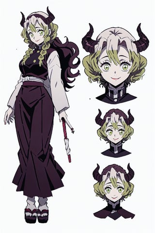 beautiful, masterpiece, best quality, extremely detailed face, short hair, demon slayer, brown skin, black headband, chest exposed, demon slayer uniform, kimetsu no yaiba ,white hair, wand, (CharacterSheet:1), (multiple views, full body, upper body, reference sheet:1), back view, front view, (white background, simple background:1.2), large breasts, sexy pose, seductive smile,Mitsuri Kanroji