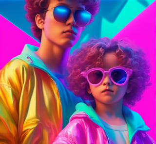  vaporwave style,1male child,1 female child , multi, upper  body , curly hair, sunglasses,portrait,8k, super high quality,absurdres, cinematic lighting