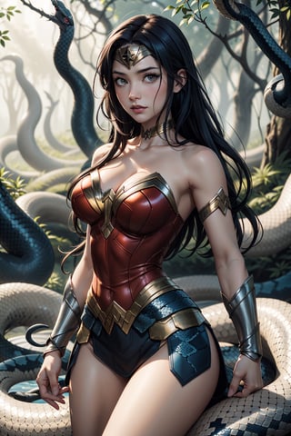 Description: Generate an image of an anime-style wonder woman character that combines human and snake features seamlessly. The character should have the upper body of a beautiful anime girl, with colorful hair and expressive eyes. From the waist down, her body should smoothly transition into the serpentine form of a snake, with vibrant scales and patterns. The lamia should be coiled elegantly, possibly in a forest or magical setting, showcasing her mysterious and enchanting nature.