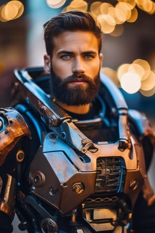 Portrait photo of muscular bearded guy in a worn mech suit, ((light bokeh)), intricate, (steel metal [rust]), elegant, sharp focus, photo by greg rutkowski, soft lighting, vibrant colors, (masterpiece), ((streets)), (detailed face:1.2), (glowing blue eyes:1.1),xxmix_girl