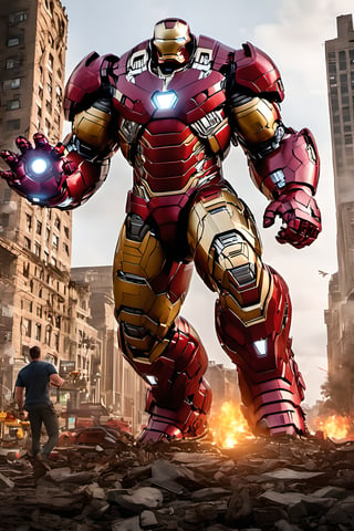 ironman,  hulkbuster , high_resolution, Thanos Big ring hand,high detail, realistic, ultra real, city, destroyed 
buldings, fire