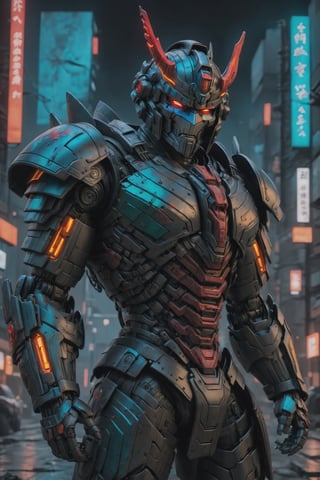 cyberpunk, helmet, biker, gang  member,  antrachite, matte black armor, ((full_figure)), oni mask, Optimus prime Costume,red color splash, bloom, teal and orange color grading, cinematic light, bloom, cool color, night_time,cyborg style,cyberpunk style,Movie Still, Oni style