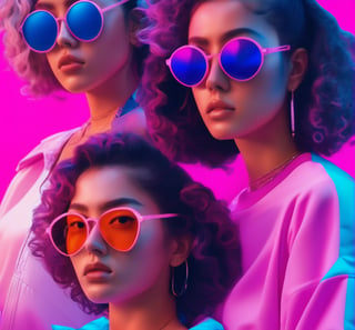  vaporwave style,3girl, multi, upper  body , curly hair, sunglasses,portrait,8k, super high quality,absurdres, cinematic lighting