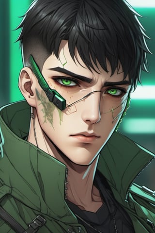 1boy, single, sole_male, post-cyberpunk, black_hair, short hair, green_eyes, green clothes, black trenchcoat, prosthetic_eye, upper_body, fierce, detailed, detailed_face, detailed_eyes, high resolution, bold, korean Manhwa art style, Detailedface