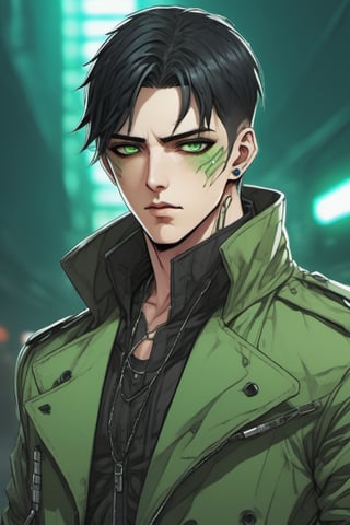 1boy, single, sole_male, post-cyberpunk, black_hair, short hair, green_eyes, green clothes, black trenchcoat, prosthetic_eye, upper_body, fierce, detailed, detailed_face, detailed_eyes, high resolution, bold, korean Manhwa art style, Detailedface