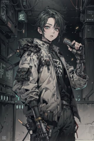 Masterpiece, beautiful, Incredibly detailed, 1guy, Detailed Eyes, anime eyes, Better Hands, perfect fingers, (In a Korea post-cyberpunk city, there is a young and handsome man with short black hair and green eyes.  He wears loose green clothes that have a circuitry pattern on them.  His clothes have some black highlights and detailing.  He has a lense fitted over his left eye.  He has a mechanical left arm.) Highly Detailed Background, Full Hd, 4K,Cyberpunk_Anime