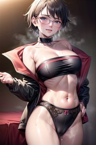 Realistic, (((Photorealistic))), beautiful girl (((masterpiece))), (((hd shot))), absurdres, (((intricate details))), (colorful),((cinematic lighting)),bust shot,(((extremely detailed CG unity 8k wallpaper))),1girl, short hair, sarada uchiha, glasses, bed, bed_sheets, flowing hair, sexy body, ((exposed stomach)),(((sweat_drops))), (((steaming_body))), red and black jacket, (red and black topwear), strapless, smile, (((glistening_body))), collar, milf body, hand_inside_panties, eye_contact, (((camel_toe)))