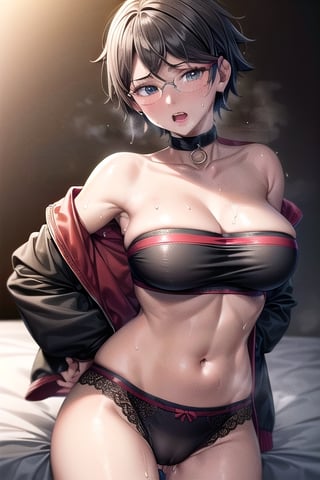Realistic, (((Photorealistic))), beautiful girl (((masterpiece))), (((hd shot))), absurdres, (((intricate details))), (colorful),((cinematic lighting)),bust shot,(((extremely detailed CG unity 8k wallpaper))),1girl, short hair, sarada uchiha, glasses, bed, bed_sheets, flowing hair, sexy body, ((exposed stomach)),(((sweat_drops))), (((steaming_body))), red and black jacket, (red and black topwear), strapless, sigh, (((glistening_body))), collar, milf body, hand_on_hips, eye_contact, (((camel_toe)))