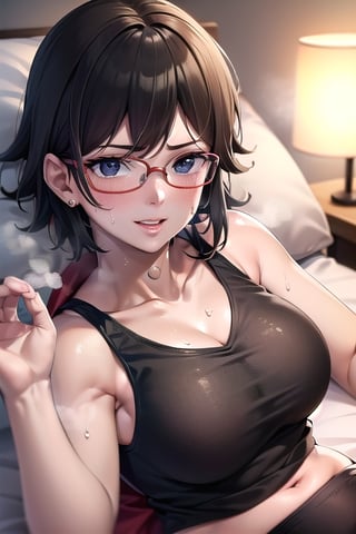 Realistic, (((Photorealistic))), beautiful girl (((masterpiece))), (((hd shot))), absurdres, (((intricate details))), (colorful),((cinematic lighting)),bust shot,(((extremely detailed CG unity 8k wallpaper))),1girl, short hair, sarada uchiha, ((full red tank top)), red shirt, smile, lying_down, red glasses, bed,flowing hair, showing armpit, sexy body, exposed stomach,sweat_drops, steaming_body, black eyes,sarada