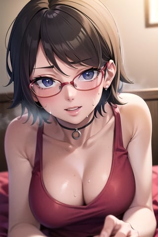 Realistic, (((Photorealistic))), beautiful girl (((masterpiece))), (((hd shot))), absurdres, (((intricate details))), (colorful),((cinematic lighting)),bust shot,(((extremely detailed CG unity 8k wallpaper))),1girl, short hair, sarada uchiha, ((full red tank top)), red shirt, smile, lying_down, red glasses, bed,flowing hair, showing armpit, sexy body, exposed stomach,sweat_drops, steaming_body, black eyes,sarada