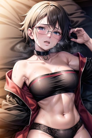 Realistic, (((Photorealistic))), beautiful girl (((masterpiece))), (((hd shot))), absurdres, (((intricate details))), (colorful),((cinematic lighting)),bust shot,(((extremely detailed CG unity 8k wallpaper))),1girl, short hair, sarada uchiha, glasses, bed, bed_sheets, flowing hair, sexy body, ((exposed stomach)),(((sweat_drops))), (((steaming_body))), red and black jacket, (red and black topwear), strapless, sigh, (((glistening_body))), collar, milf body, hand_on_hips, eye_contact, (((camel_toe))),  lying_down