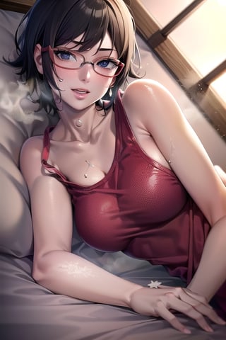 Realistic, (((Photorealistic))), beautiful girl (((masterpiece))), (((hd shot))), absurdres, (((intricate details))), (colorful),((cinematic lighting)),bust shot,(((extremely detailed CG unity 8k wallpaper))),1girl, short hair, sarada uchiha, ((full red tank top)), red shirt, smile, lying_down, red glasses, bed,flowing hair, showing armpit, sexy body, exposed stomach,sweat_drops, steaming_body, black eyes,sarada