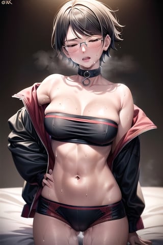 Realistic, (((Photorealistic))), beautiful girl (((masterpiece))), (((hd shot))), absurdres, (((intricate details))), (colorful),((cinematic lighting)),bust shot,(((extremely detailed CG unity 8k wallpaper))),1girl, short hair, sarada uchiha, glasses, bed, bed_sheets, flowing hair, sexy body, ((exposed stomach)),(((sweat_drops))), (((steaming_body))), red and black jacket, (red and black topwear), strapless, sigh, (((glistening_body))), collar, milf body, hand_on_hips, eye_contact, (((camel_toe))), closed eyes
