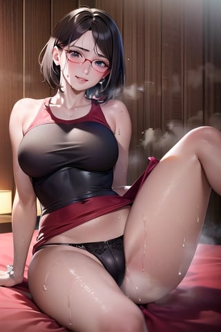 Realistic, (((Photorealistic))), beautiful girl (((masterpiece))), (((hd shot))), absurdres, (((intricate details))), (colorful),((cinematic lighting)),bust shot,(((extremely detailed CG unity 8k wallpaper))),1girl, short hair, sarada uchiha, ((full red tank top)), red shirt, smile, lying_down, red glasses, bed,flowing hair, showing armpit, sexy body, exposed stomach,sweat_drops, steaming_body, black eyes
