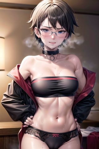 Realistic, (((Photorealistic))), beautiful girl (((masterpiece))), (((hd shot))), absurdres, (((intricate details))), (colorful),((cinematic lighting)),bust shot,(((extremely detailed CG unity 8k wallpaper))),1girl, short hair, sarada uchiha, glasses, bed, bed_sheets, flowing hair, sexy body, ((exposed stomach)),(((sweat_drops))), (((steaming_body))), red and black jacket, (red and black topwear), strapless, smirk, (((glistening_body))), collar, milf body, hand_on_hips, eye_contact, (((camel_toe)))