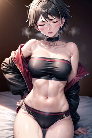 Realistic, (((Photorealistic))), beautiful girl (((masterpiece))), (((hd shot))), absurdres, (((intricate details))), (colorful),((cinematic lighting)),bust shot,(((extremely detailed CG unity 8k wallpaper))),1girl, short hair, sarada uchiha, glasses, bed, bed_sheets, flowing hair, sexy body, ((exposed stomach)),(((sweat_drops))), (((steaming_body))), red and black jacket, (red and black topwear), strapless, sigh, (((glistening_body))), collar, milf body, hand_on_hips, eye_contact, (((camel_toe))), closed eyes