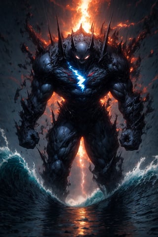 create an image of a monster of thunder, he's fearsome and every time he walks unleash's a wave of eletric sparks, unleash fear into viewers, carry's a dread greatsword, a lot of shockwaves, a lot of thunders, lightning bolts, very detailed background, masterpiece, best quality,