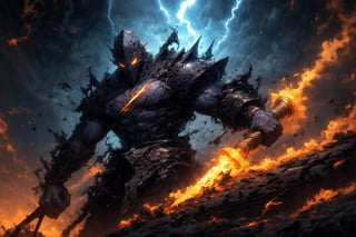 create an image of an thunder monster of tempest, he's fearsome, has no head, unleash fear into viewers, carry and axe and a hammer, a lot of shock, thunder, lightning bolt, very detailed background, masterpiece, best quality,