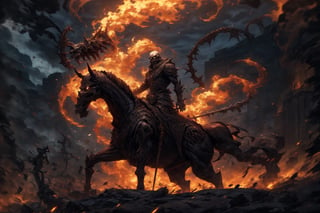 create an image of an skullman of the apocalypse mounted in a undead horse, he's fearsome, unleash fear into viewers, very detailed background, masterpiece, best quality, carry a evil spear,