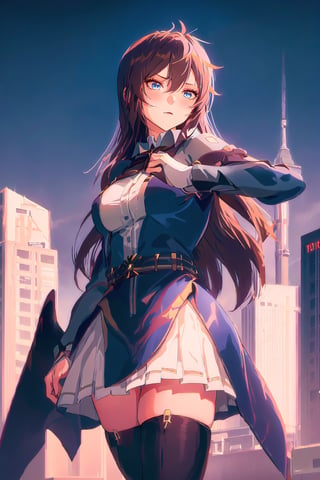 1girl, long hair, dress, hair ornament, looking at viewer, brown hair, mature female, cityscape, night, thighhighs, clothing cutout, bangs, high collar,white skirt, cowboy shot, long sleeves, belt, blue eyes, makeup, blush, takasago tomoe, ,aizawa tomo,