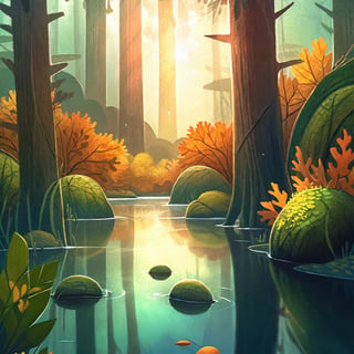 a number of leaves on the ground near a body of water, a picture, by Sebastian Spreng, shutterstock, beautiful sunrise lighting, bursting with holy light, in the autumn forest, absolutely outstanding image, water reflecting suns light, stock photo, sf, intricate artwork masterpiece, ominous, matte painting movie poster, golden ratio, trending on cgsociety, intricate, epic, trending on artstation, by artgerm, h. r. giger and beksinski, highly detailed, vibrant, production cinematic character render, ultra high quality 