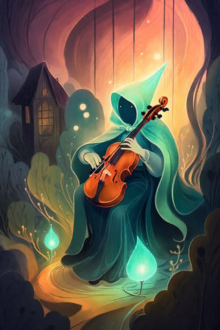 a haunting and ethereal digital painting of a ghostly figure playing a melancholic melody on a violin, surrounded by an enchanted audience entranced by the music, oblivious to the dark and eerie surroundings. The ghostly figure is partially transparent, emitting a soft glow, with flowing ethereal robes. The violin is intricately detailed, with delicate strings and a weathered appearance. The composition is dynamic and atmospheric, with muted colors and dramatic lighting, evoking a sense of mystery and foreboding. Inspired by the works of classical painters like Caspar David Friedrich and J.M.W. Turner, this artwork captures the captivating and haunting nature of the scene. Created using digital painting techniques in Photoshop and rendered with realistic textures and lighting effects for a stunning and immersive visual experience.