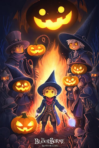 Poster, embers,English text,hat, 1boy, glowing eyes, mask, fire, trench coat, coat, gloves, hunter \(bloodborne\), yellow eyes,jack-o'-lantern
