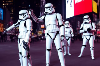 the assassination of julius caesar in time square by the starwars stromtroopers, white, roit, in the style of vincenzo camuccini, hyperrealism, cinematic, bokeh