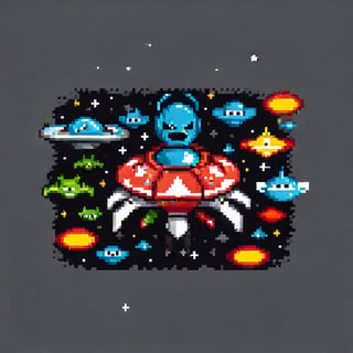 superhero_spacejet on bottom hitting small aliens on top in space, space invaders, video game style, 16 colors limit, pixel, cute, nostalgia, atari, loads of joy
