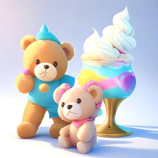 3d, cute teddy bears buying ice cream, fantasy land, characters focus