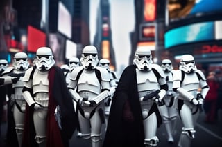 the assassination of julius caesar in time square by the starwars stromtroopers, white, roit, in the style of vincenzo camuccini, hyperrealism, cinematic, bokeh