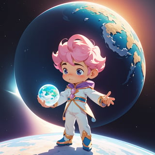 super cute Little Prince (Saint-ExsperY) STANDING ON HIS MICRO SPHERIC PLANET, 3D, cute cartoon style, colorful, very clear, very creative, beautiful, 3d childish cute cartoon style:1.3, exceptional cute lITTLE pRINCE anatomy,  incredibly absurdres, break, (ultra quality, high quality, best quality, exceptional quality, new, newest, best aesthetic, original, outstanding, exceptional), epic cute, cute details, intricate cute detailed texture materials, BEAUTIFUL DEEP SPACE IN T HE VERY BACKGROUND:1.4, PERFECT SCALING, PERFECT GEOMTRY, PERFECT PERSPECTIVE, VERY PASTEL, EXCEPTIONAL VERY WELL DRAWN REALISTIC HANDS WIH ACCURATE NUMBER OF DETAILED SMOOTH CUTE FINGERS, PERFECT PLANET GEOMETRY, LITTLE PRICE COMPOSITION MASTERPICE, cg, CGI, 