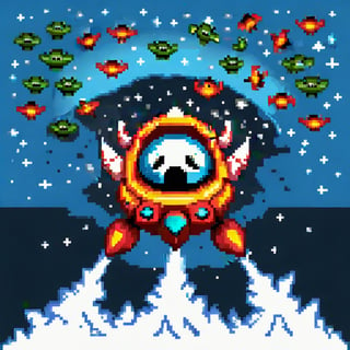 superhero_spacejet on bottom hitting small aliens on top in space, space invaders, video game style, 16 colors limit, pixel, cute, nostalgia, atari, loads of joy