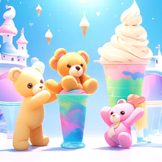 3d, cute teddy bears buying ice cream, fantasy land, characters focus