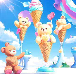 3d, cute teddy bears buying ice cream, fantasy land, characters focus