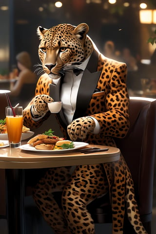 humanoid, leopard, drinking and eat at restaurant,Intrigued, 8k, leopard suit, detailed, perfect body, colored, paws on table, looking_at_viewer, big body, silky bristles, (hold chopstiks), 