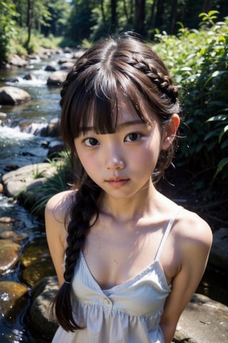 (((By the creek deep in the woods))),(looking at the audience),(((Only the face enters the camera))),
人物：a korean little girl,(((Pure and restrained little girl))),
頭髮：(bangs),(((braid:1.3))),
服飾：((low-cut)),(sleeveless spaghetti straps),(silk panties),