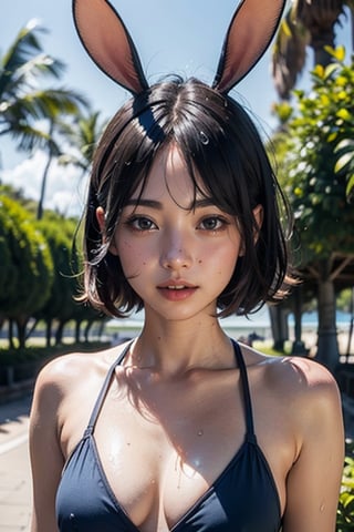 1girl, solo, beach, ultra realistic, palm_tree, bunny mascot, bunny teeth, realistic wet skin face