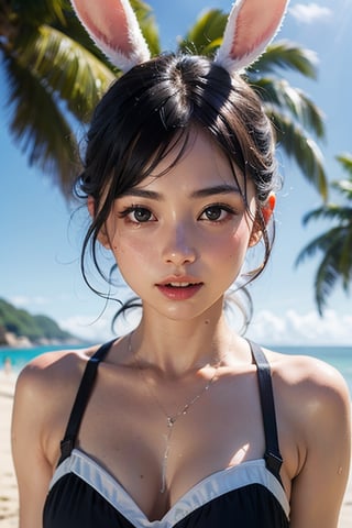 1girl, solo, beach, ultra realistic, palm_tree, bunny mascot, bunny teeth, realistic wet skin face