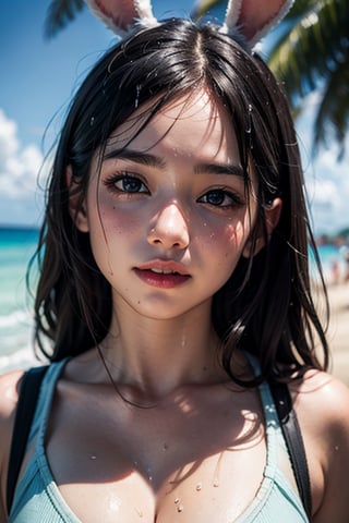 1girl, solo, beach, ultra realistic, palm_tree, bunny mascot, bunny teeth, realistic wet skin face,perfecteyes, ultra details,